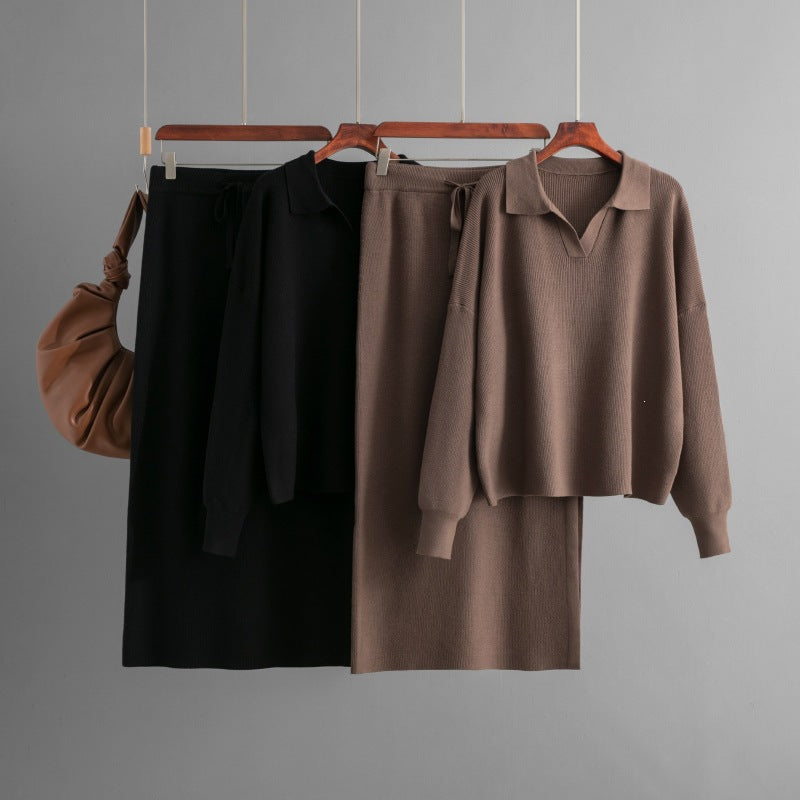 Polo Collar Knit Top and Midi Skirt Set