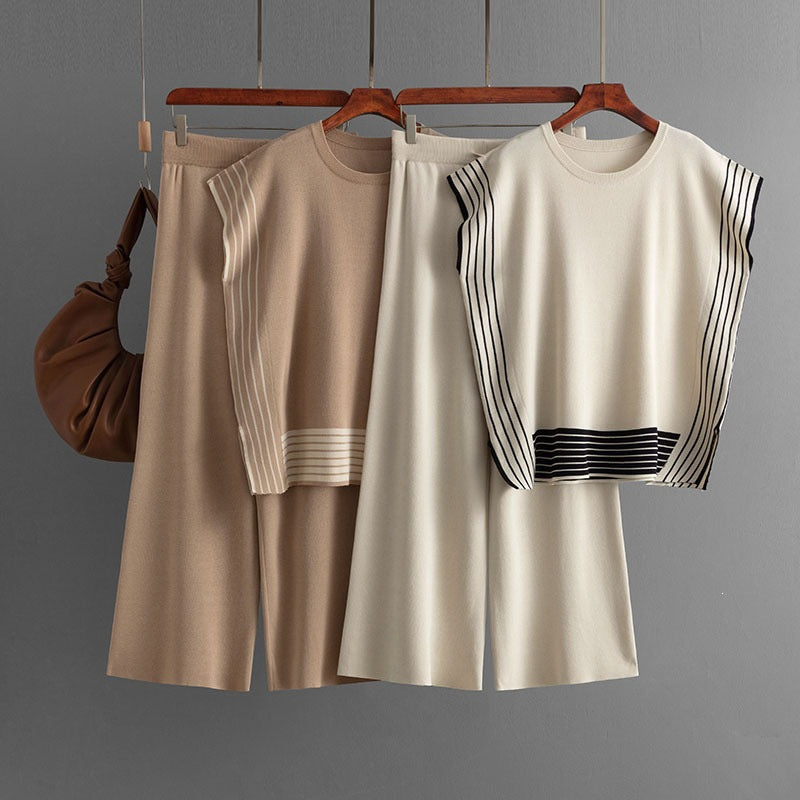 Striped Panel Top and Wide Leg Trouser Set