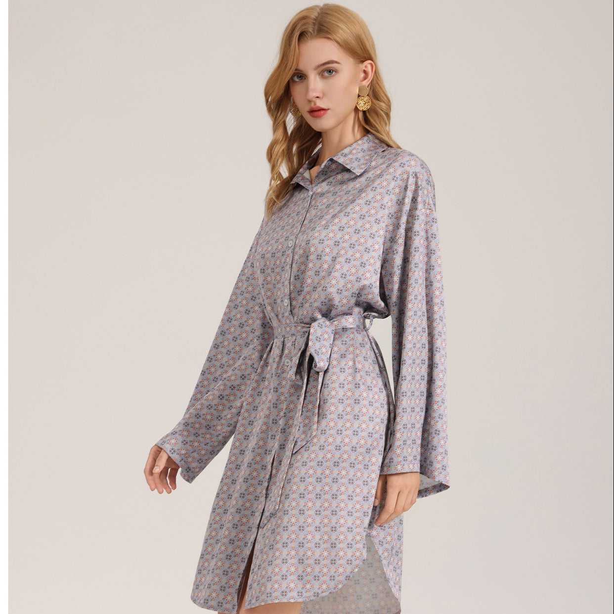 The Silk Whisper | Printed Satin Long-Sleeve Sleep Shirt Dress