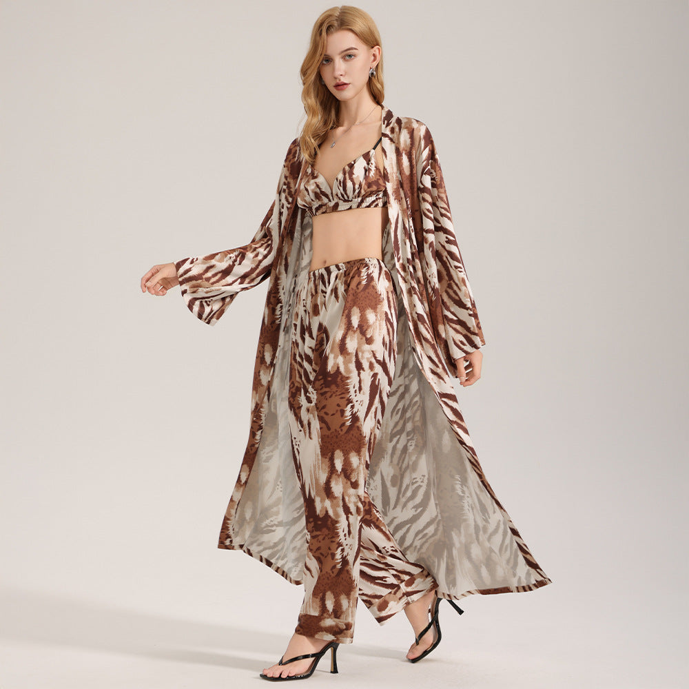 The Wild Elegance | Leopard Print Satin Three-Piece Sleepwear Set