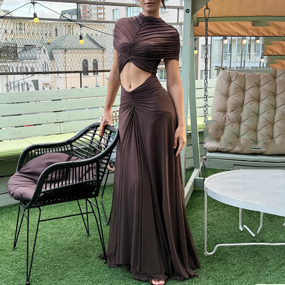 Pleated Mesh Panel Maxi Dress