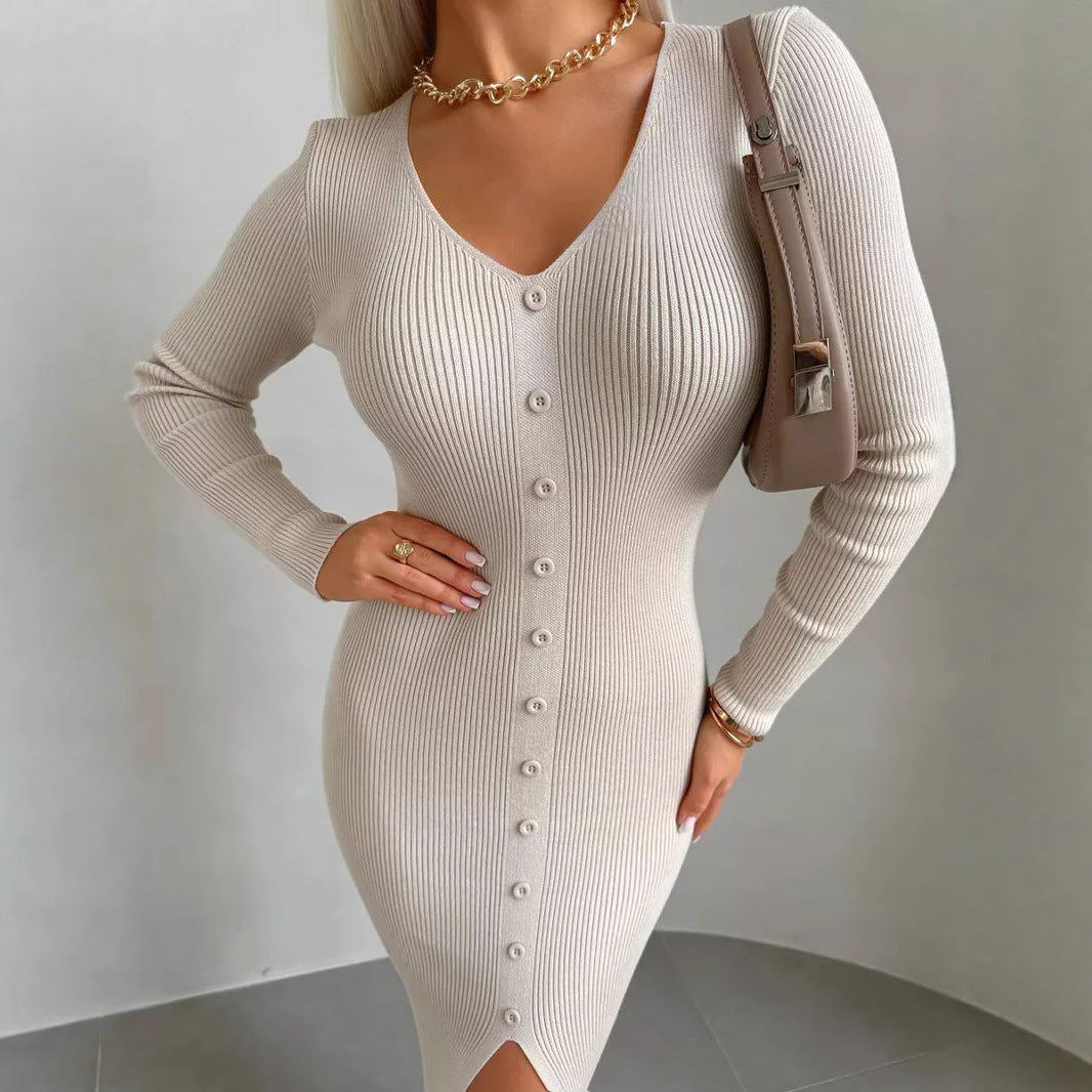 V-Neck Split Hem Knit Dress