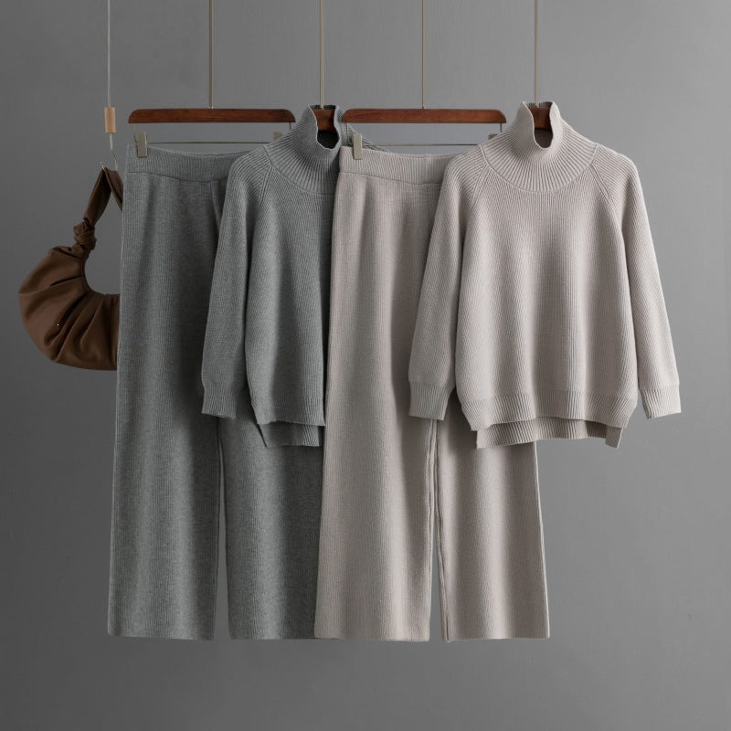 Turtleneck Slit Hem Knit Trouser Set
