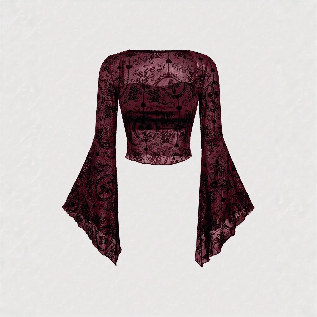 Flocked Floral Mesh Flare Sleeve Top