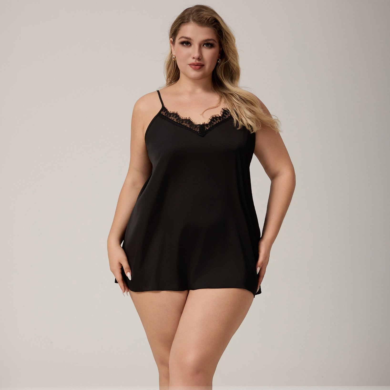 The Ice Silk Allure | Black Strap Mini Satin Sleep Dress