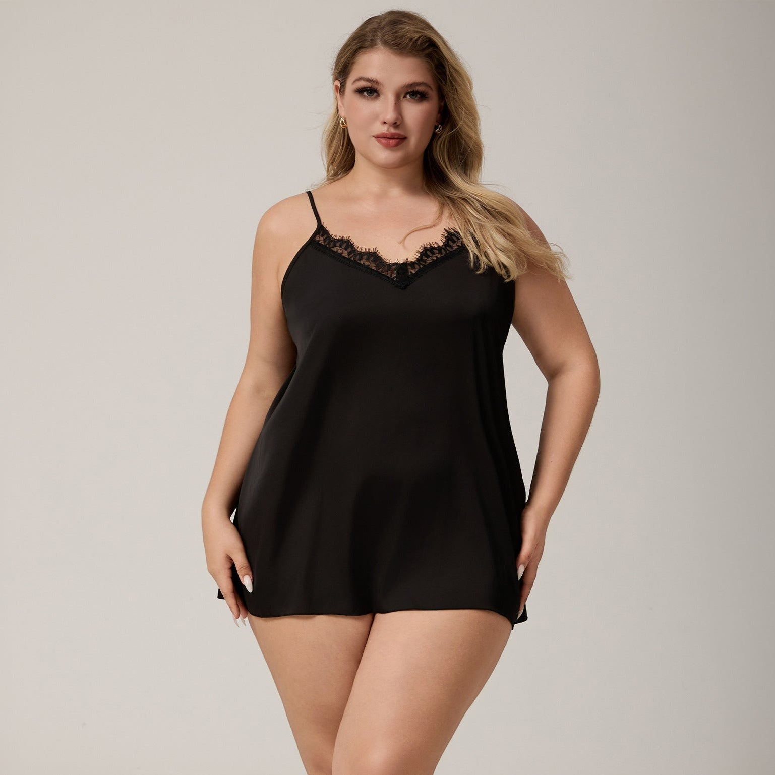 The Noir Desire | Women's Plus-Size Ice Silk Satin Suspender Chemise Nightdress