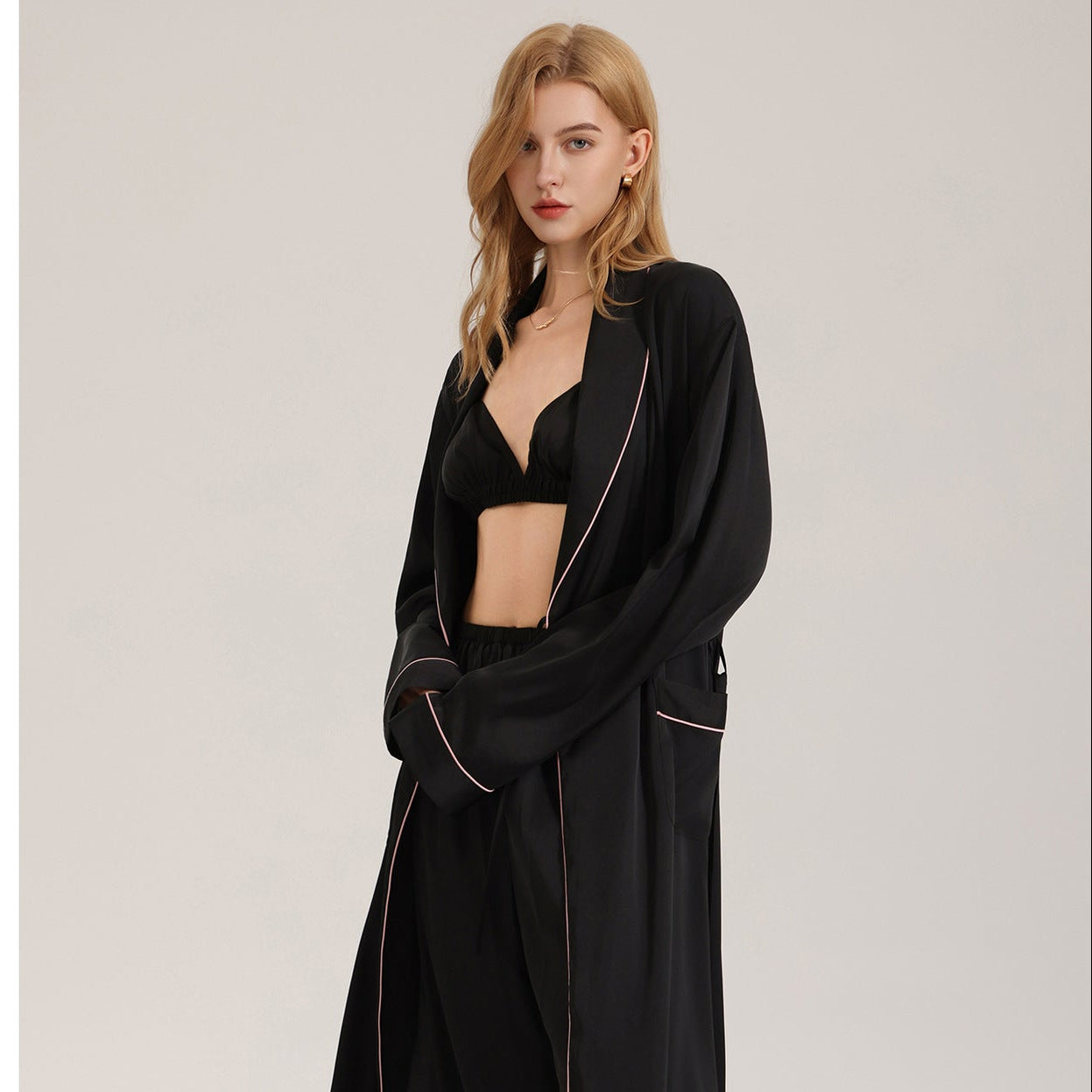 The Satin Elegance | Black Satin Three-Piece Sleep Set (Robe, Cami & Long Pants)