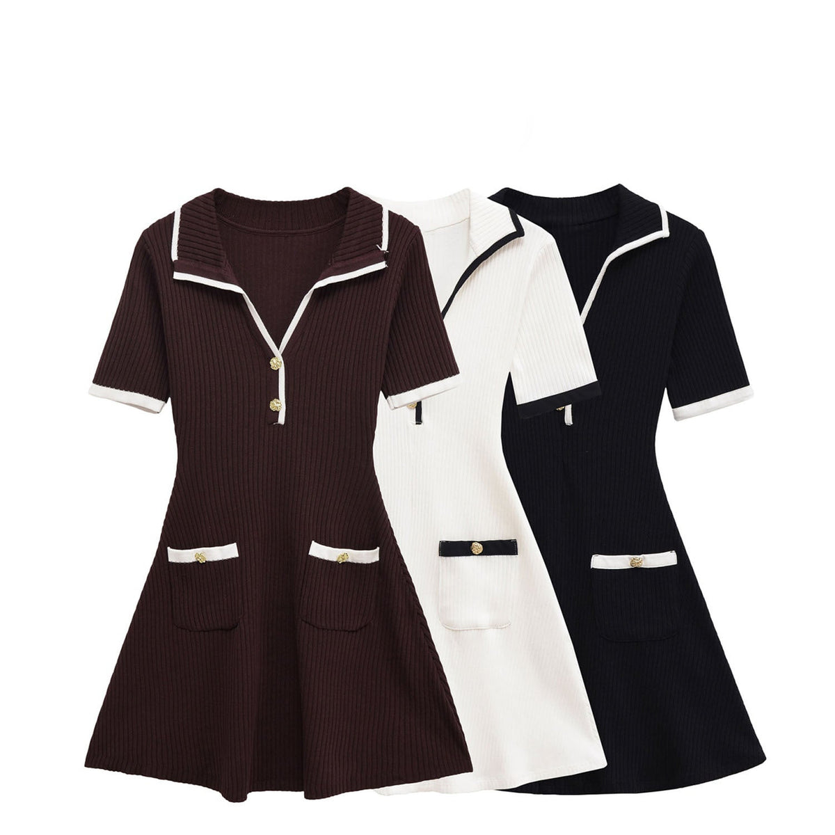 Metal Button V Neck Mini Dress