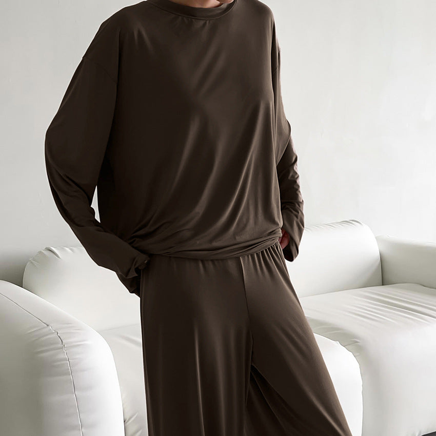 The Modal Comfort | Solid Color Round-Neck Long-Sleeve Top & Pants Pajama Set