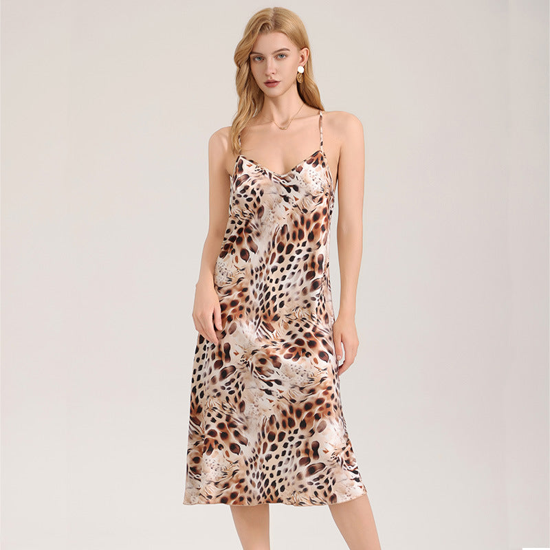 The Wild Temptation | Leopard Print V-Neck Backless Satin Maxi Slip Sleep Dress
