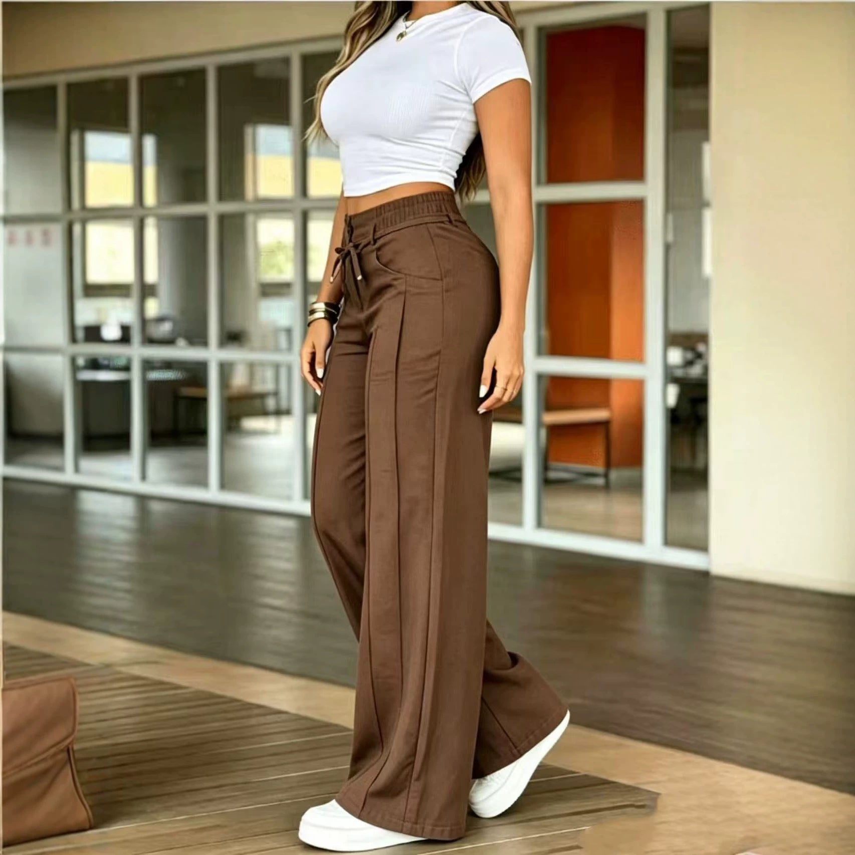 Drawstring Wide Leg Floor Length Trousers