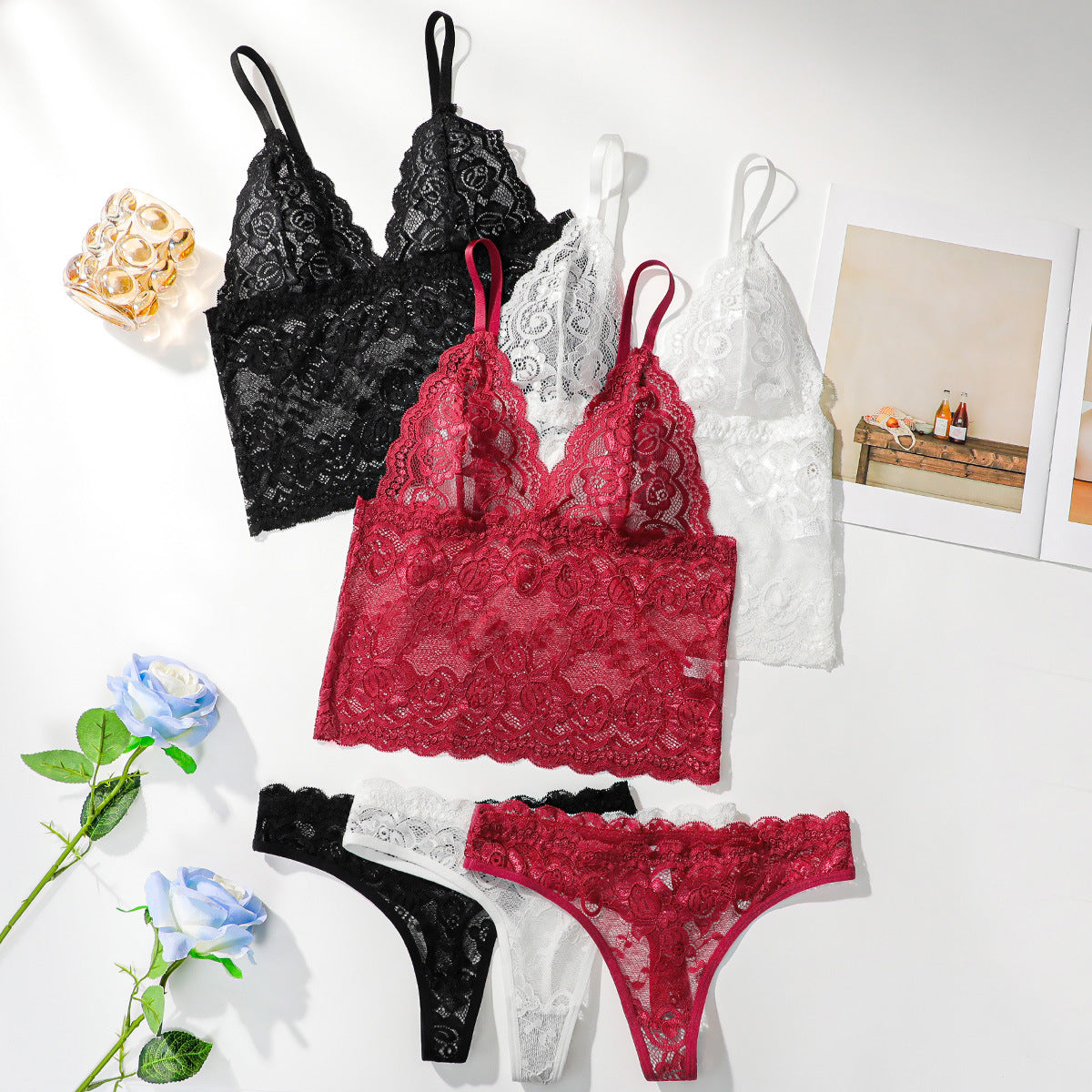 The French Lace | Women's Ultra-Thin Lace Wireless Triangle Bra & Panty Set