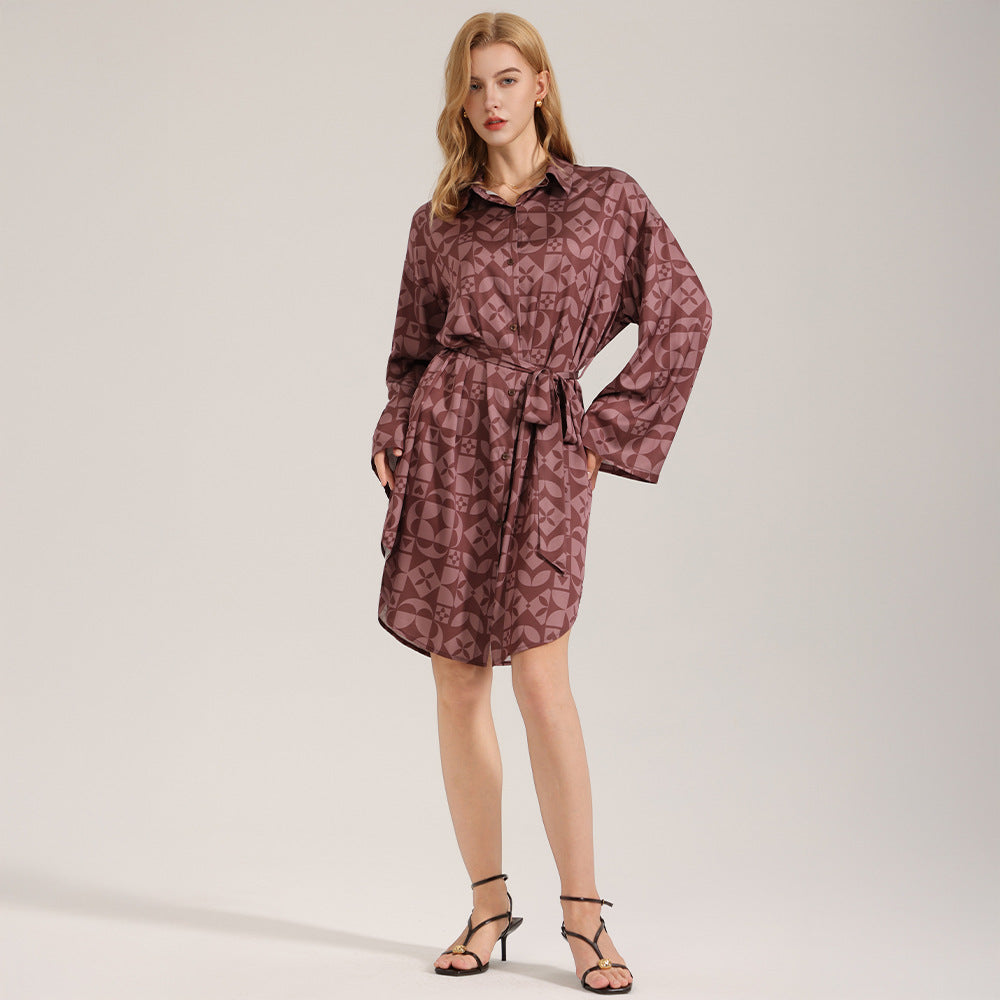The Silk Whisper | Printed Satin Long-Sleeve Sleep Shirt Dress