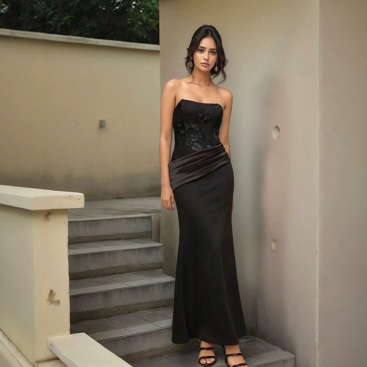 Embroidered Strapless Long Evening Dress
