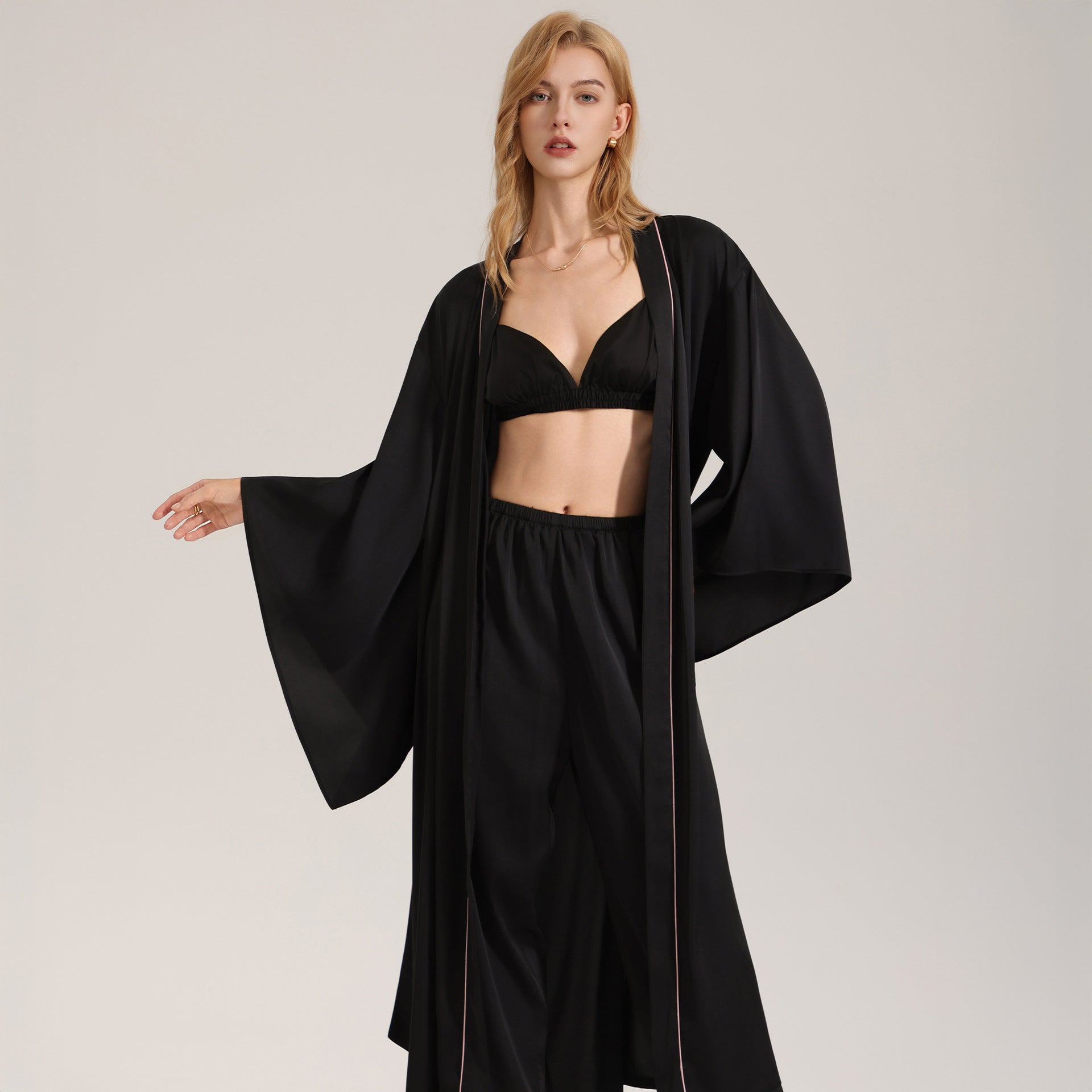 The Noir Harmony | Women's Satin Long-Sleeve Robe, Cami & Long Pants Three-Piece Set