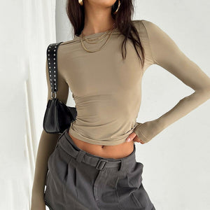 All - match irregular slim - fitting bottoming top T-shirt round neck solid color slim - fitting long sleeve - Negative Apparel