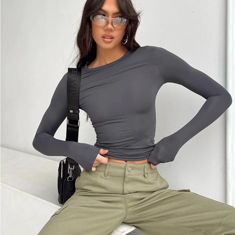 All - match irregular slim - fitting bottoming top T-shirt round neck solid color slim - fitting long sleeve - Negative Apparel