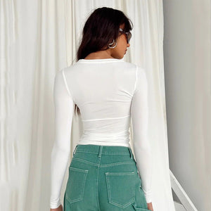 All - match irregular slim - fitting bottoming top T-shirt round neck solid color slim - fitting long sleeve - Negative Apparel