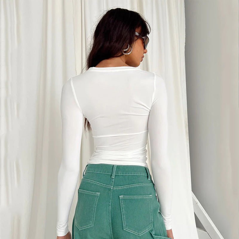 All - match irregular slim - fitting bottoming top T-shirt round neck solid color slim - fitting long sleeve - Negative Apparel