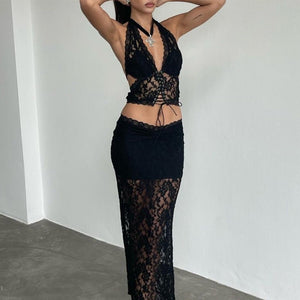 All - match Lace Beautiful Back Halter Neck Lingerie Long Skirt Set Can Be Worn Outside - Negative Apparel