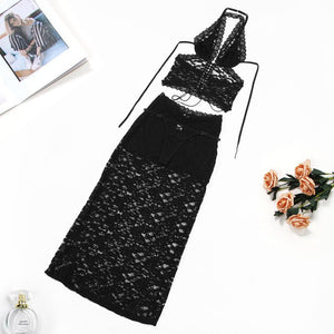 All - match Lace Beautiful Back Halter Neck Lingerie Long Skirt Set Can Be Worn Outside - Negative Apparel
