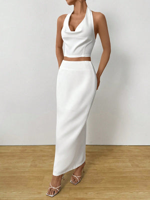 Allurite Women Elegant Solid Color Top And Mini Skirt 2 Piece Set - Negative Apparel