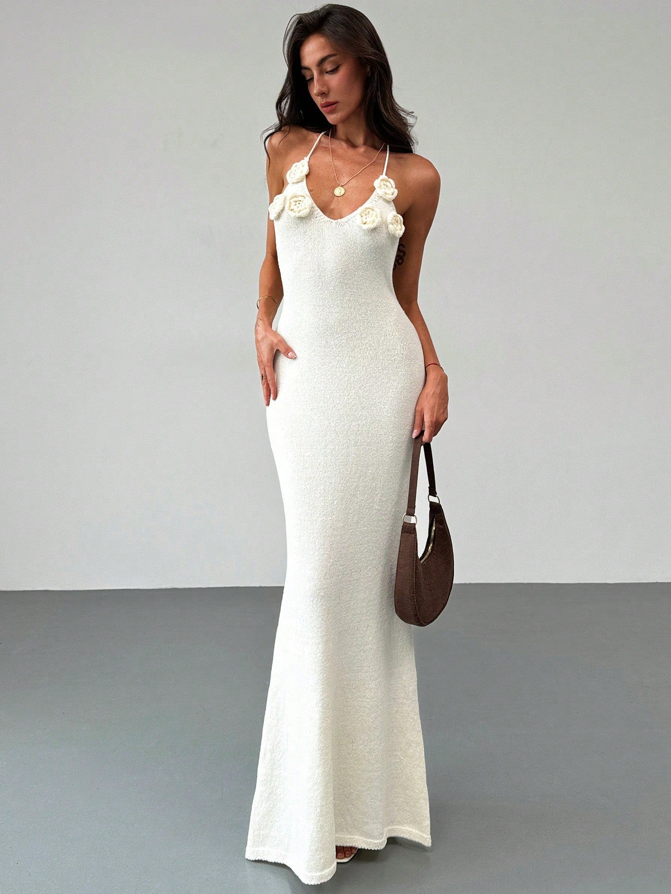 Aloruh Apricot Color Bandage Backless Floral Knitted Bodycon Dress For Romantic Date Or Vacation - Negative Apparel