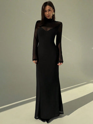 Aloruh Black Sexy Mesh Sheer High Neck Long Sleeve Bodycon Dress For Women FD - Negative Apparel