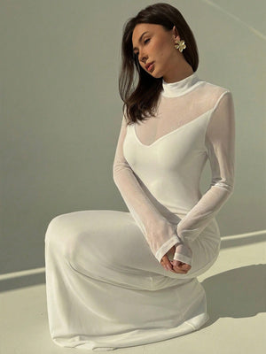 Aloruh Black Sexy Mesh Sheer High Neck Long Sleeve Bodycon Dress For Women FD - Negative Apparel