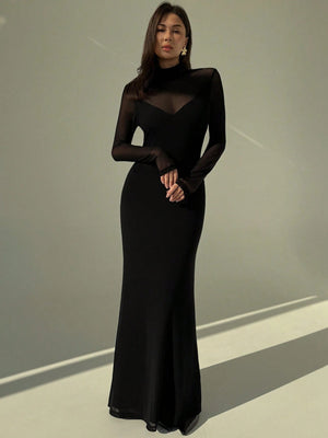 Aloruh Black Sexy Mesh Sheer High Neck Long Sleeve Bodycon Dress For Women FD - Negative Apparel