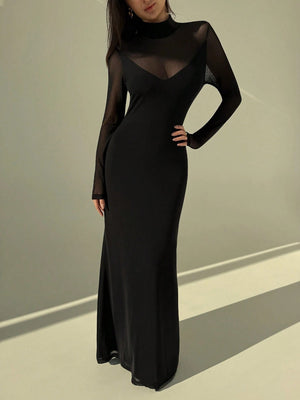 Aloruh Black Sexy Mesh Sheer High Neck Long Sleeve Bodycon Dress For Women FD - Negative Apparel