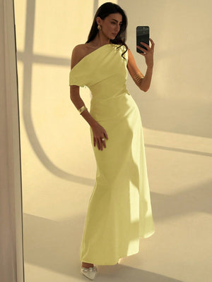 Aloruh Elegant Asymmetrical Shoulder Ruched Waist Cinched A - Line Dress, Simple Plain Commuting Dress FD - Negative Apparel