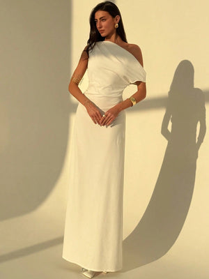 Aloruh Elegant Asymmetrical Shoulder Ruched Waist Cinched A - Line Dress, Simple Plain Commuting Dress FD - Negative Apparel