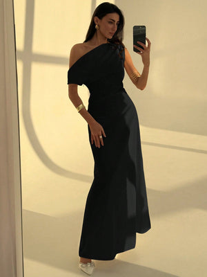 Aloruh Elegant Asymmetrical Shoulder Ruched Waist Cinched A - Line Dress, Simple Plain Commuting Dress FD - Negative Apparel