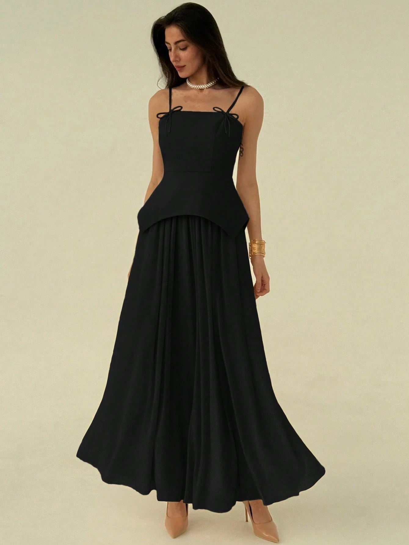 Aloruh Elegant Solid Color Bow Decor Cami Long Dress,Summer Sets FD - Negative Apparel