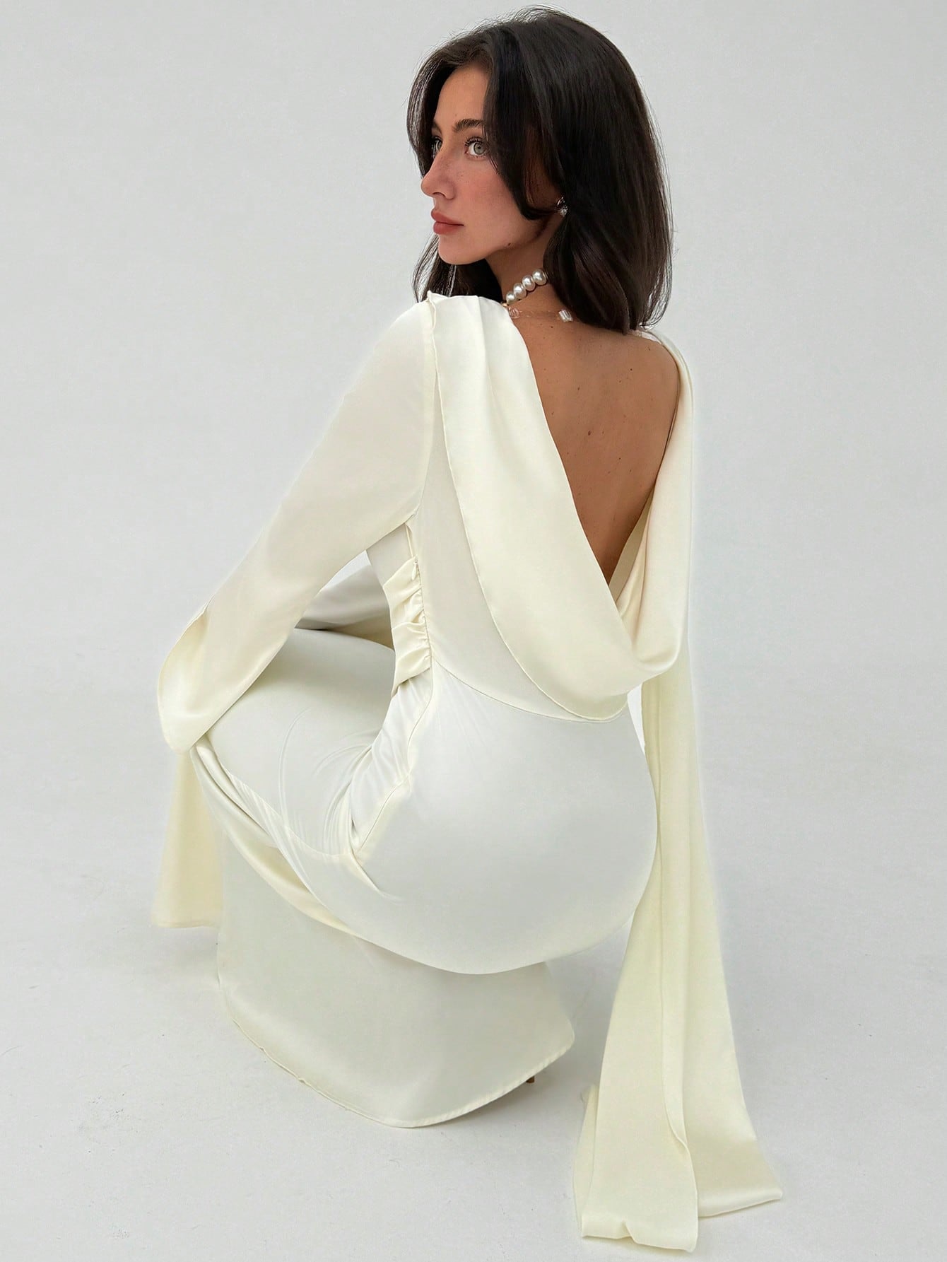 Aloruh Romantic Date Party Flare Sleeve Backless Ribbon Maxi Apricot Satin Dress For Women Bride - Negative Apparel