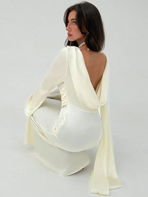 Aloruh Romantic Date Party Flare Sleeve Backless Ribbon Maxi Apricot Satin Dress For Women Bride - Negative Apparel