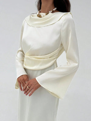 Aloruh Romantic Date Party Flare Sleeve Backless Ribbon Maxi Apricot Satin Dress For Women Bride - Negative Apparel