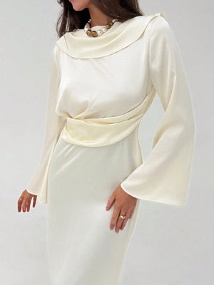 Aloruh Romantic Date Party Flare Sleeve Backless Ribbon Maxi Apricot Satin Dress For Women Bride - Negative Apparel