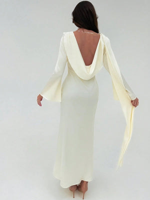 Aloruh Romantic Date Party Flare Sleeve Backless Ribbon Maxi Apricot Satin Dress For Women Bride - Negative Apparel