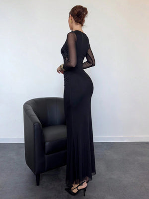 Aloruh Sexy Flocked Splice Waist Sheer Net Long Sleeve Dress, Modern & Alluring - Negative Apparel