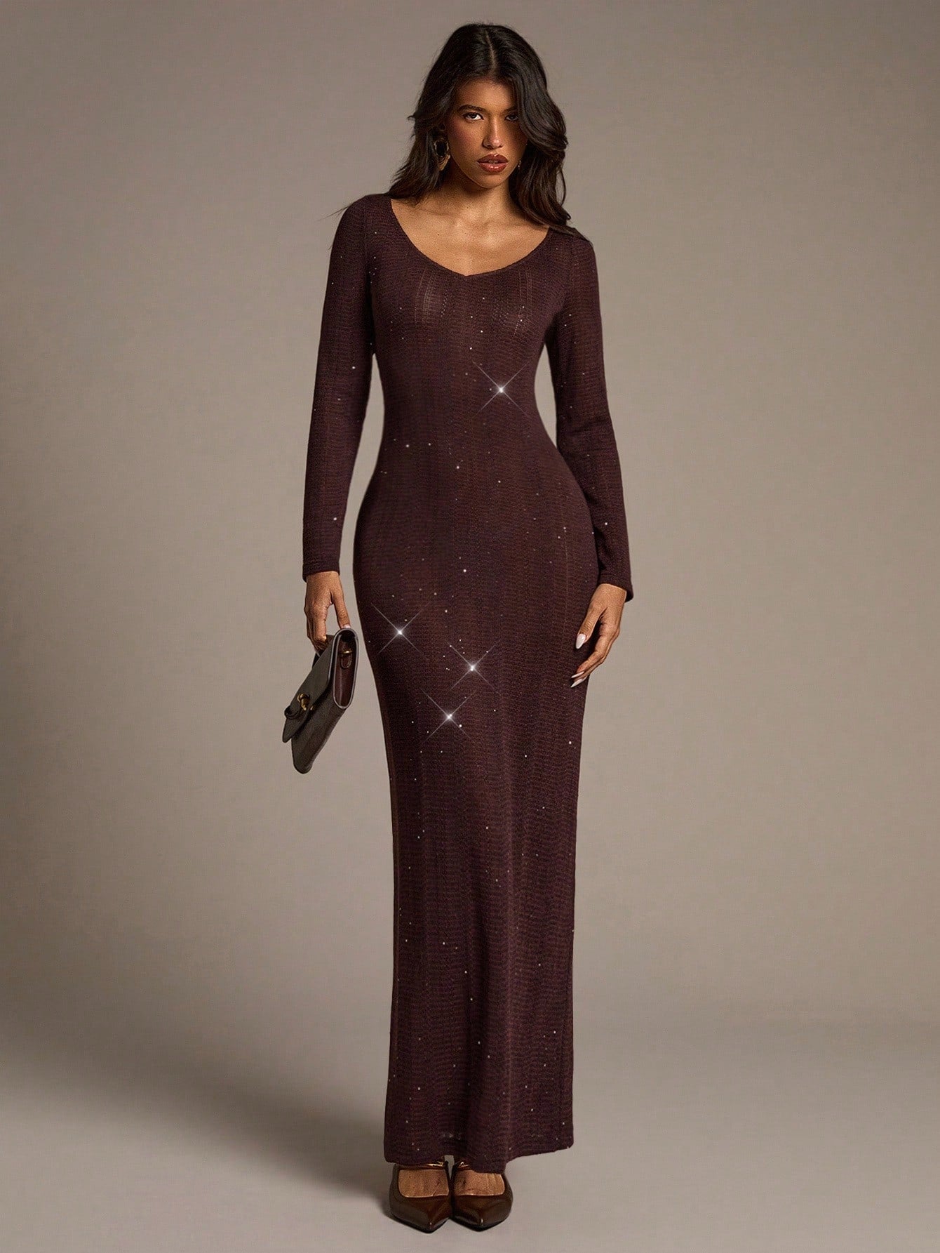 Aloruh Women's Elegant Glitter V - Neck Dress, Autumn - Negative Apparel