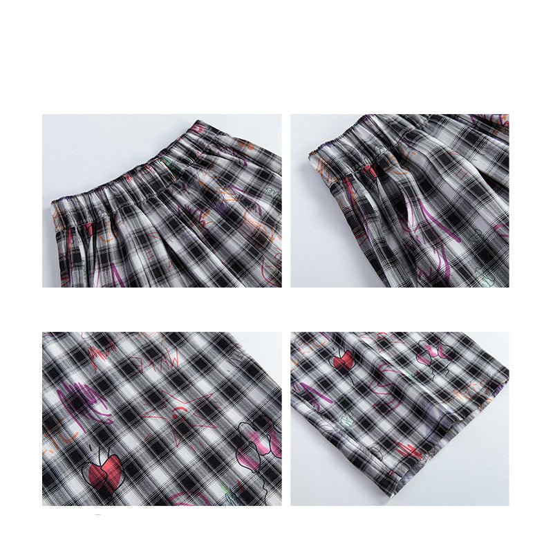 American hand - painted graffiti plaid pants summer women's pants women's loose straight trousers printed drape wide - leg pants - Negative Apparel