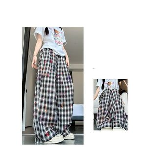 American hand - painted graffiti plaid pants summer women's pants women's loose straight trousers printed drape wide - leg pants - Negative Apparel