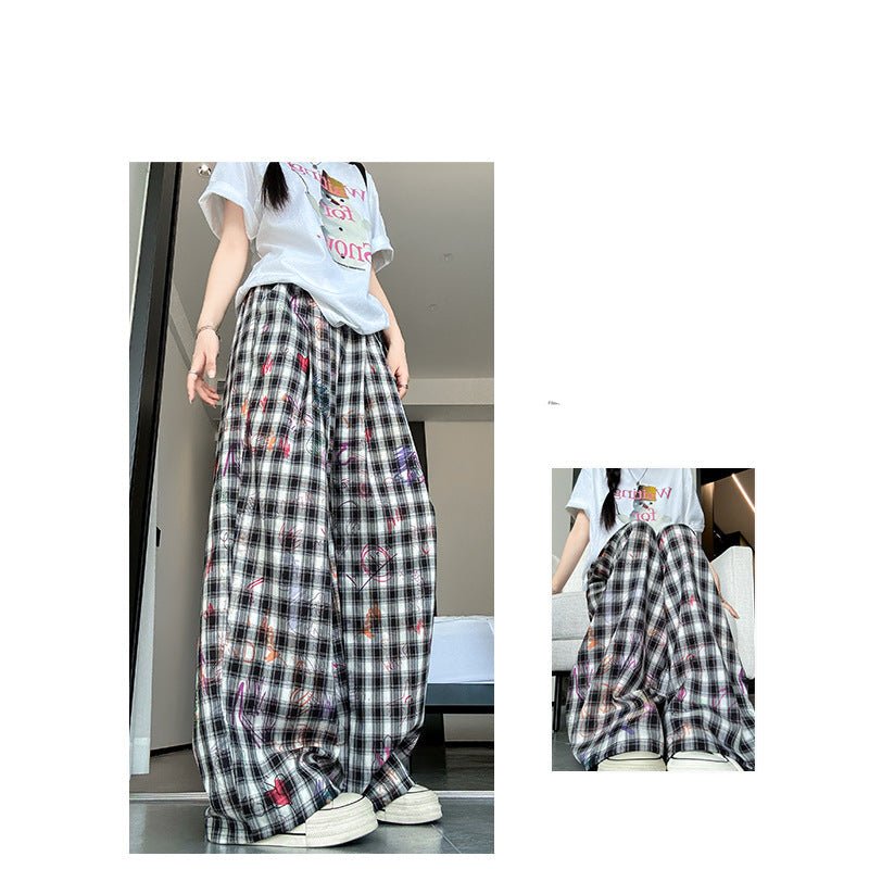 American hand - painted graffiti plaid pants summer women's pants women's loose straight trousers printed drape wide - leg pants - Negative Apparel