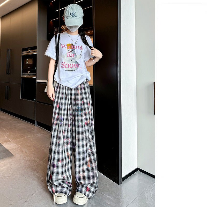 American hand - painted graffiti plaid pants summer women's pants women's loose straight trousers printed drape wide - leg pants - Negative Apparel