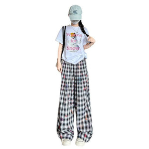 American hand - painted graffiti plaid pants summer women's pants women's loose straight trousers printed drape wide - leg pants - Negative Apparel