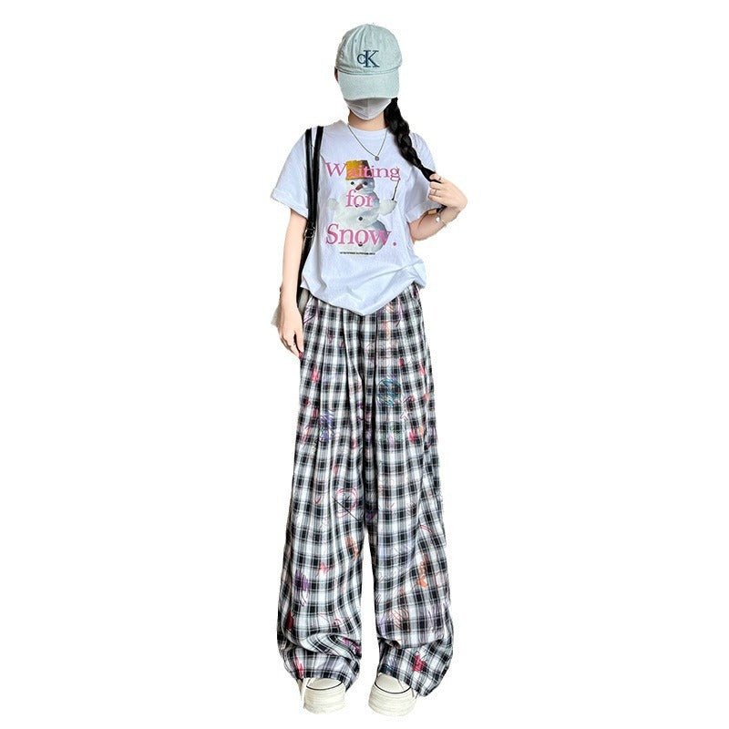 American hand - painted graffiti plaid pants summer women's pants women's loose straight trousers printed drape wide - leg pants - Negative Apparel