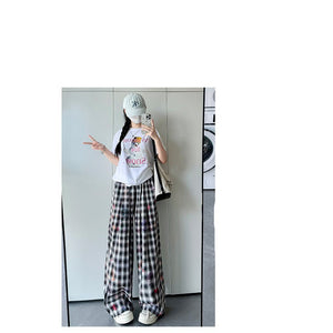 American hand - painted graffiti plaid pants summer women's pants women's loose straight trousers printed drape wide - leg pants - Negative Apparel