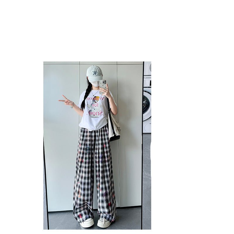 American hand - painted graffiti plaid pants summer women's pants women's loose straight trousers printed drape wide - leg pants - Negative Apparel